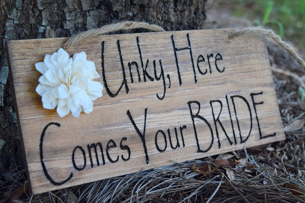 Hanging Here Comes The Bride Sign with Sola Flower