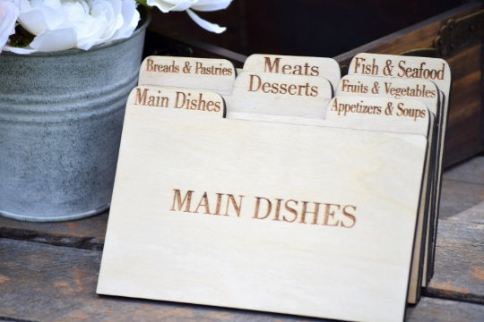 Set of 9 Wooden Recipe Card Dividers only.  Measures 4.5" x 6.25"
