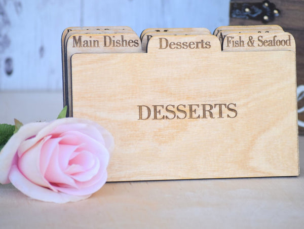 Set of 9 Wooden Recipe Card Dividers only.  Measures 4.5" x 6.25"